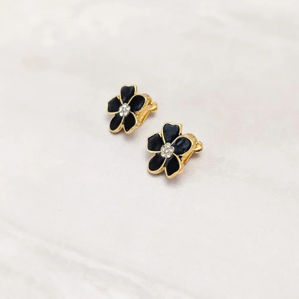 Black Enamel Small Flower Small with Clear Gem Accents Clip On Earrings